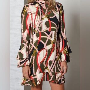 Zara Chain Scarf Printed Mock Neck Ruffle Mini Dress size M